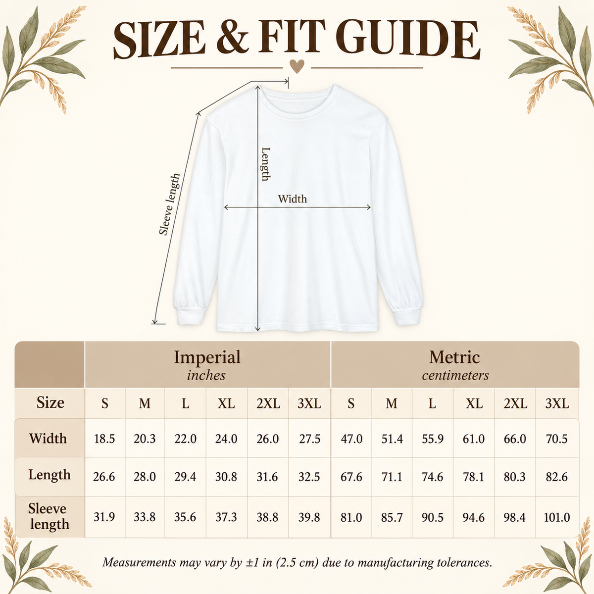 Comfort Colors 6014 unisex long-sleeve shirt size chart