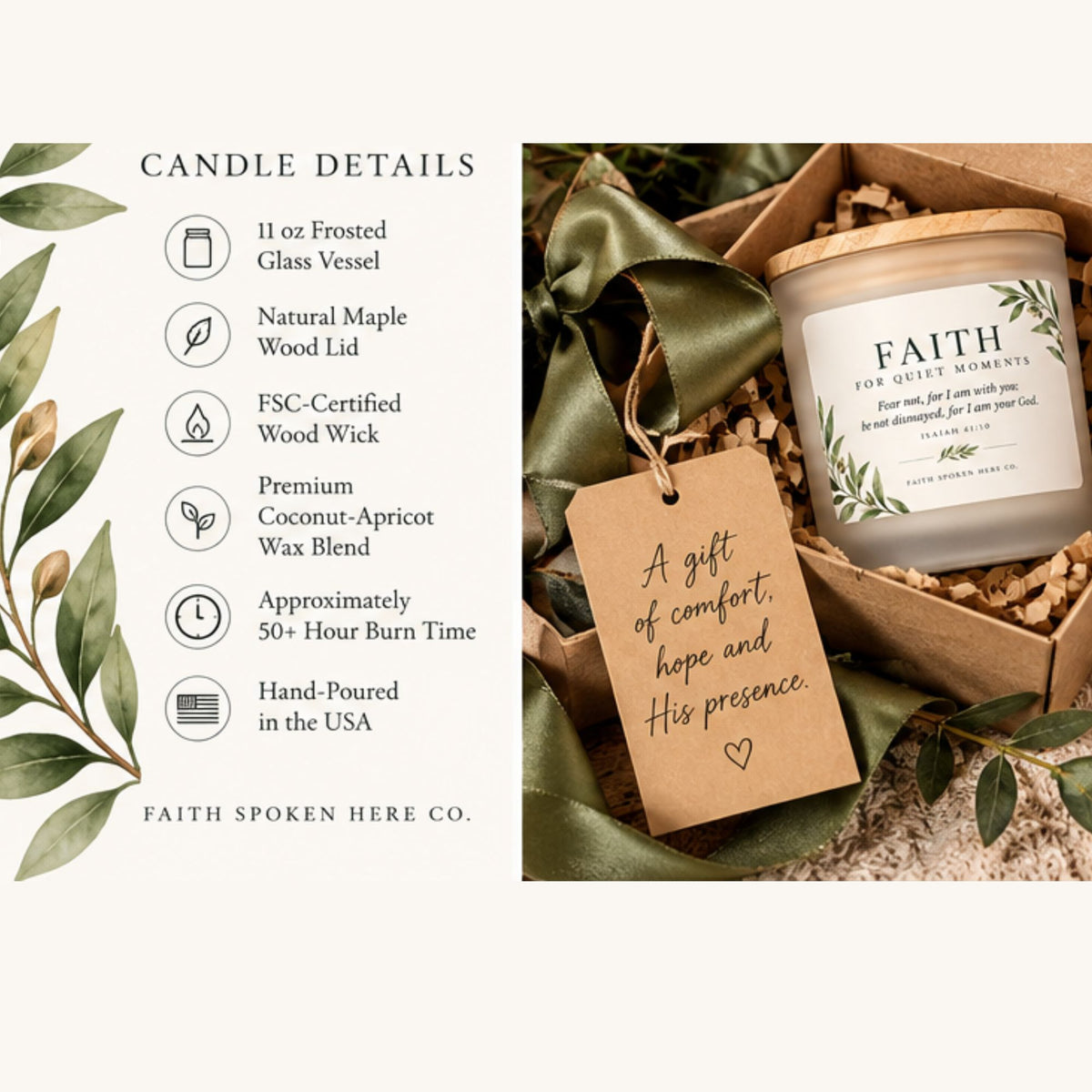 Candle details card describing the 11 oz frosted glass vessel, maple wood lid, and 50+ hour burn time, beside the packaged candle with a ribbon and gift tag