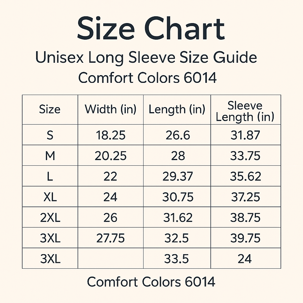 Unisex long sleeve size guide chart for Comfort Colors 6014