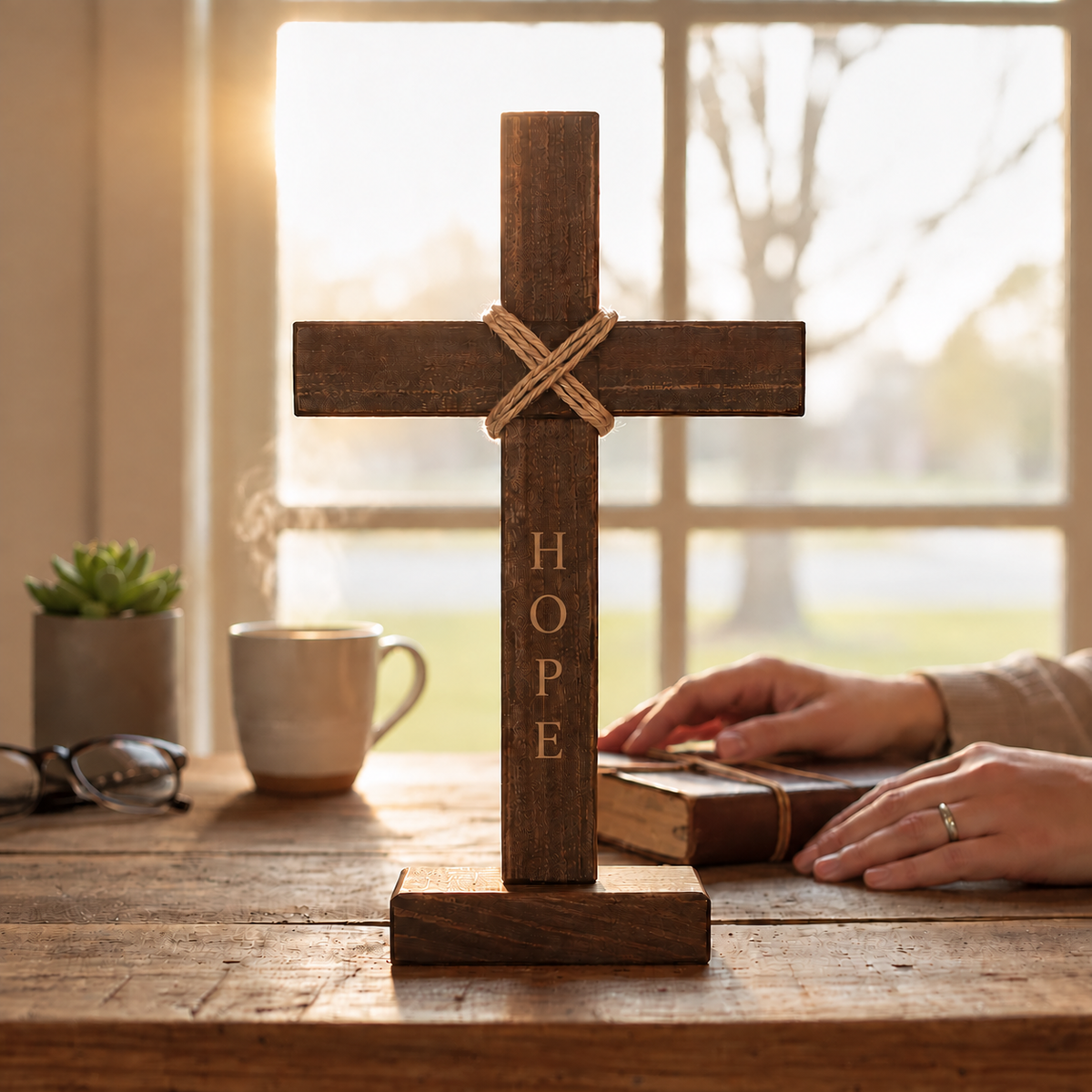Rustic brown tabletop cross engraved with Hope