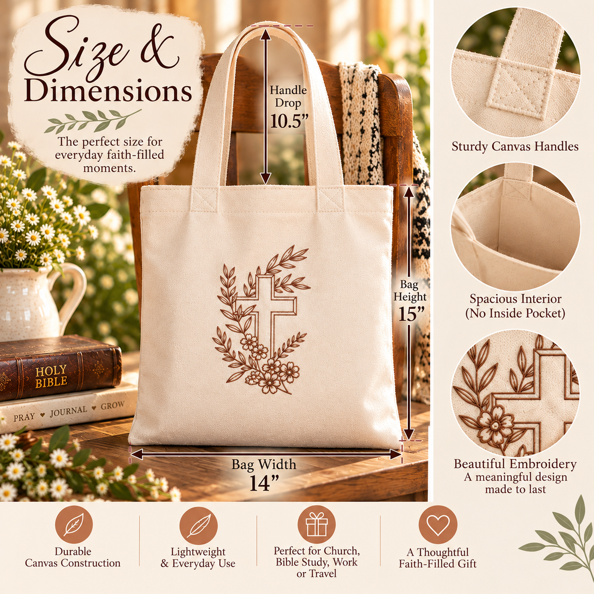 Tote dimensions: 14 inches wide, 15 inches high, 10.5-inch handle drop; no inside pocket.