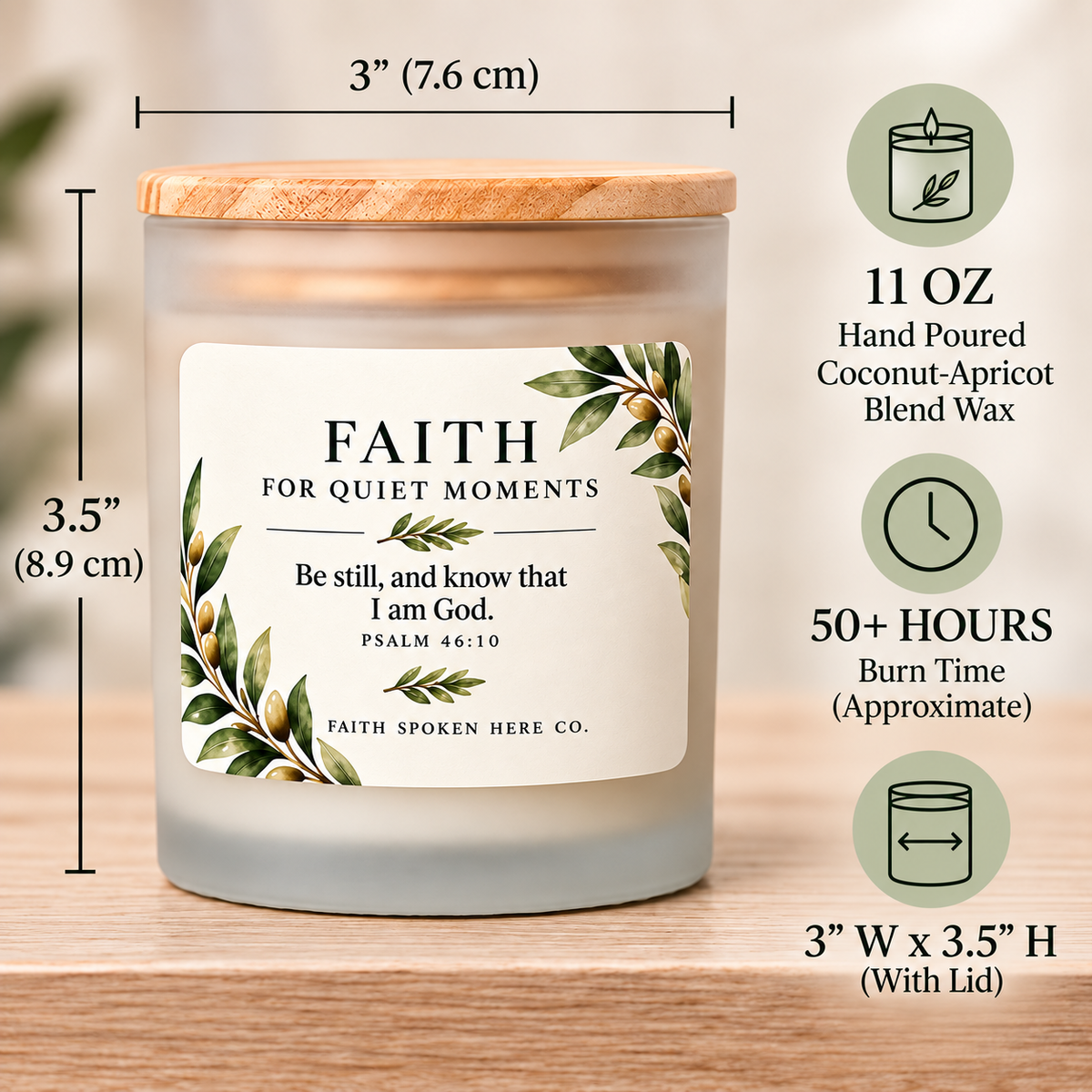 Be Still candle with size chart showing 3 by 3.5 inches and 11 ounces