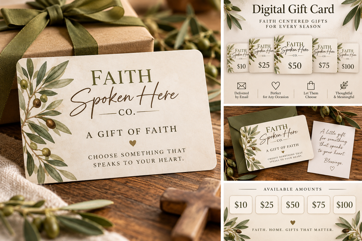 Faith Spoken Here gift cards and styled flat-lay arrangement with a wrapped box, greenery, and a wooden surface. The main card reads 'FAITH Spoken Here CO.