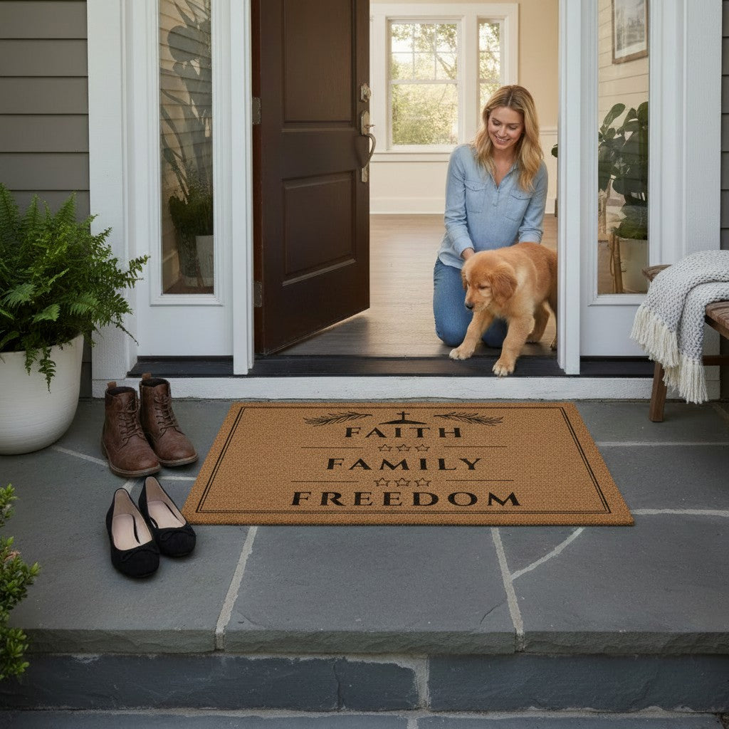 Faith Based Doormat Christian Home Welcome Mat Family Freedom Message Farmhouse Porch Entry Religious Statement Design Olive Branch Accent Neutral Tones Elegant Typography Rustic Americana Style Perfect Christian Housewarming Gift Blessing