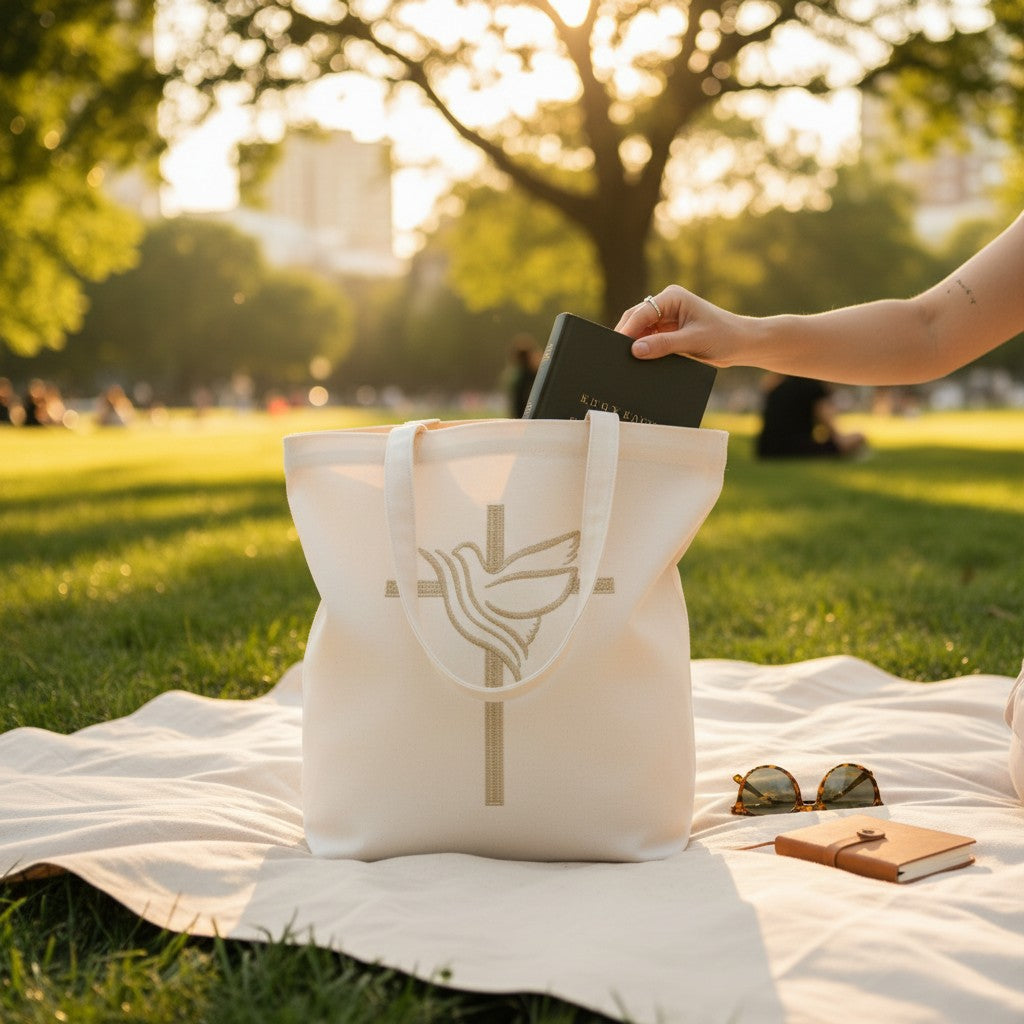Christian Tote Bag – Embroidered Dove Cross Design for Bible Study & Church - Heavenly Treasures