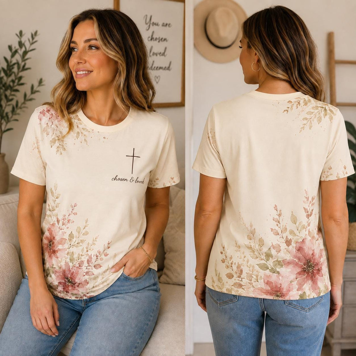 Front and back views of the Chosen & Loved all-over-print tee