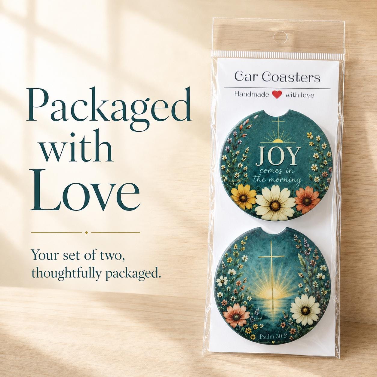 Christian Car Coaster Set – Psalm 30:5 Joy Comes Morning Faith Gift