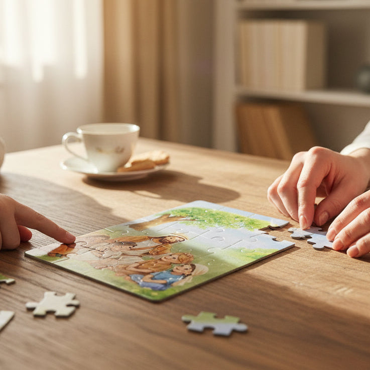 Two people working on a puzzle together at a table with a cup and cookies in the background.