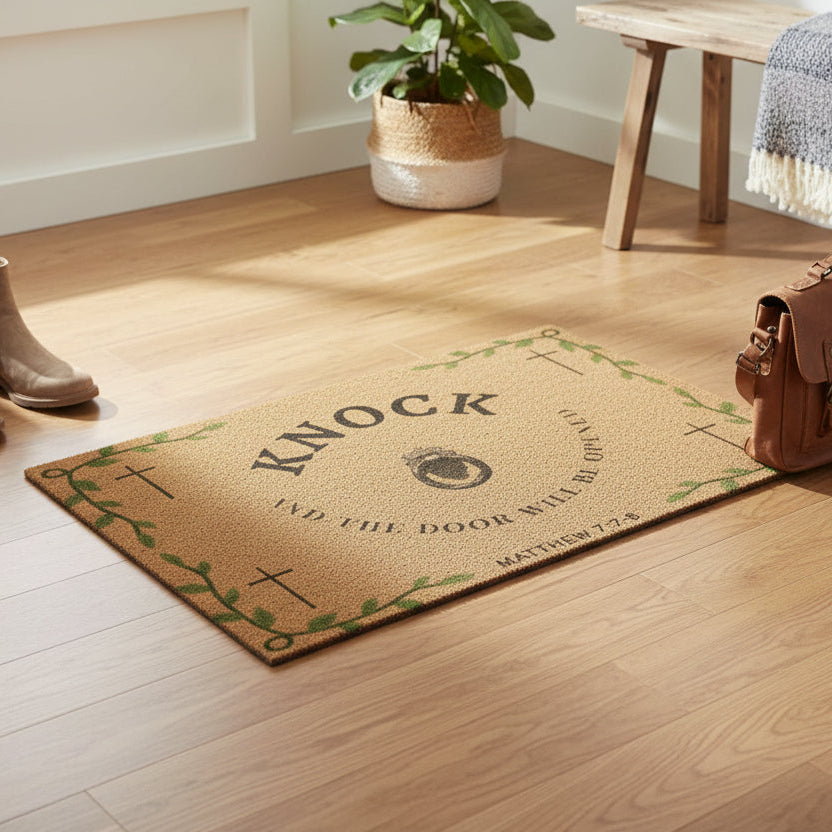 Doormat with 'Knock' text on a wooden floor, with boots and a handbag nearby.