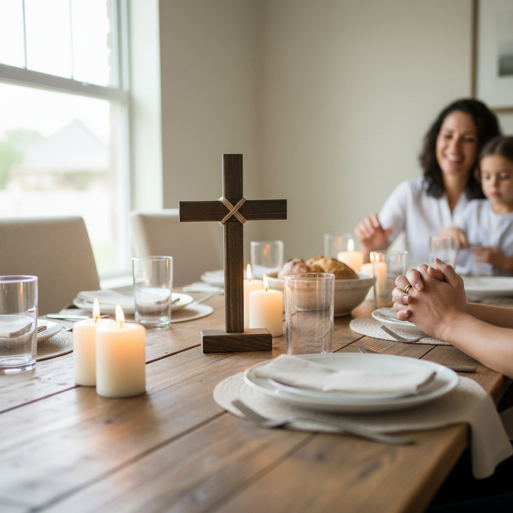 Dining table set for a meal with a cross centerpiece, candles, and people sitting around.