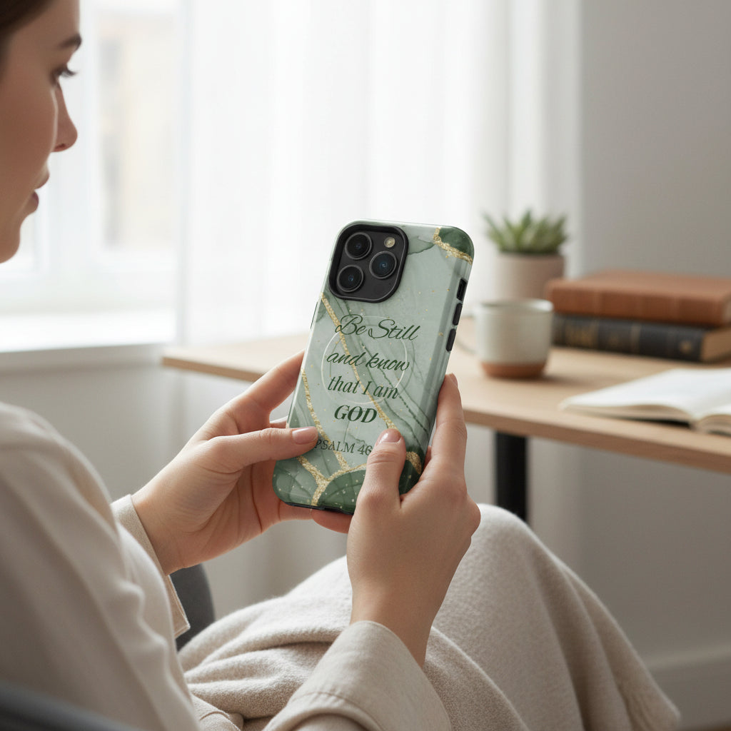 Person holding a phone with a green marble case featuring text, sitting in a cozy room.