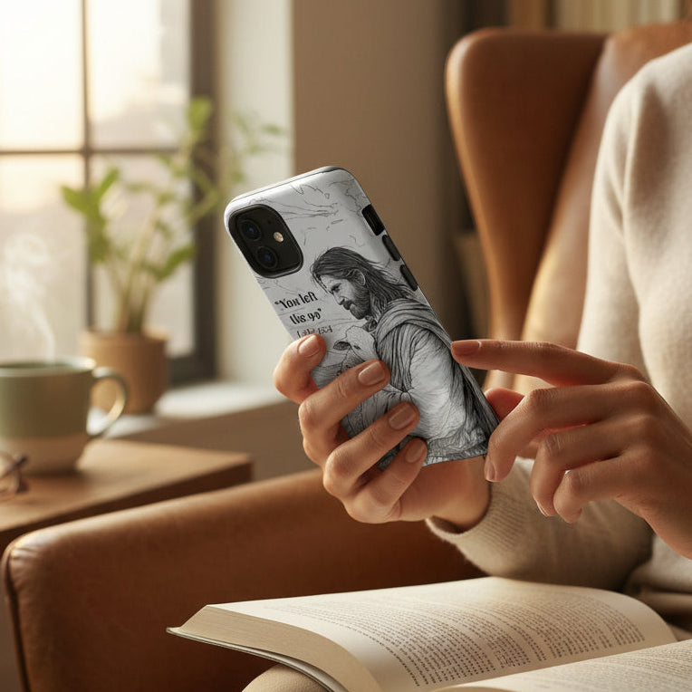 Person holding a phone with a case featuring a graphic design, sitting in a cozy room with a book and a cup.