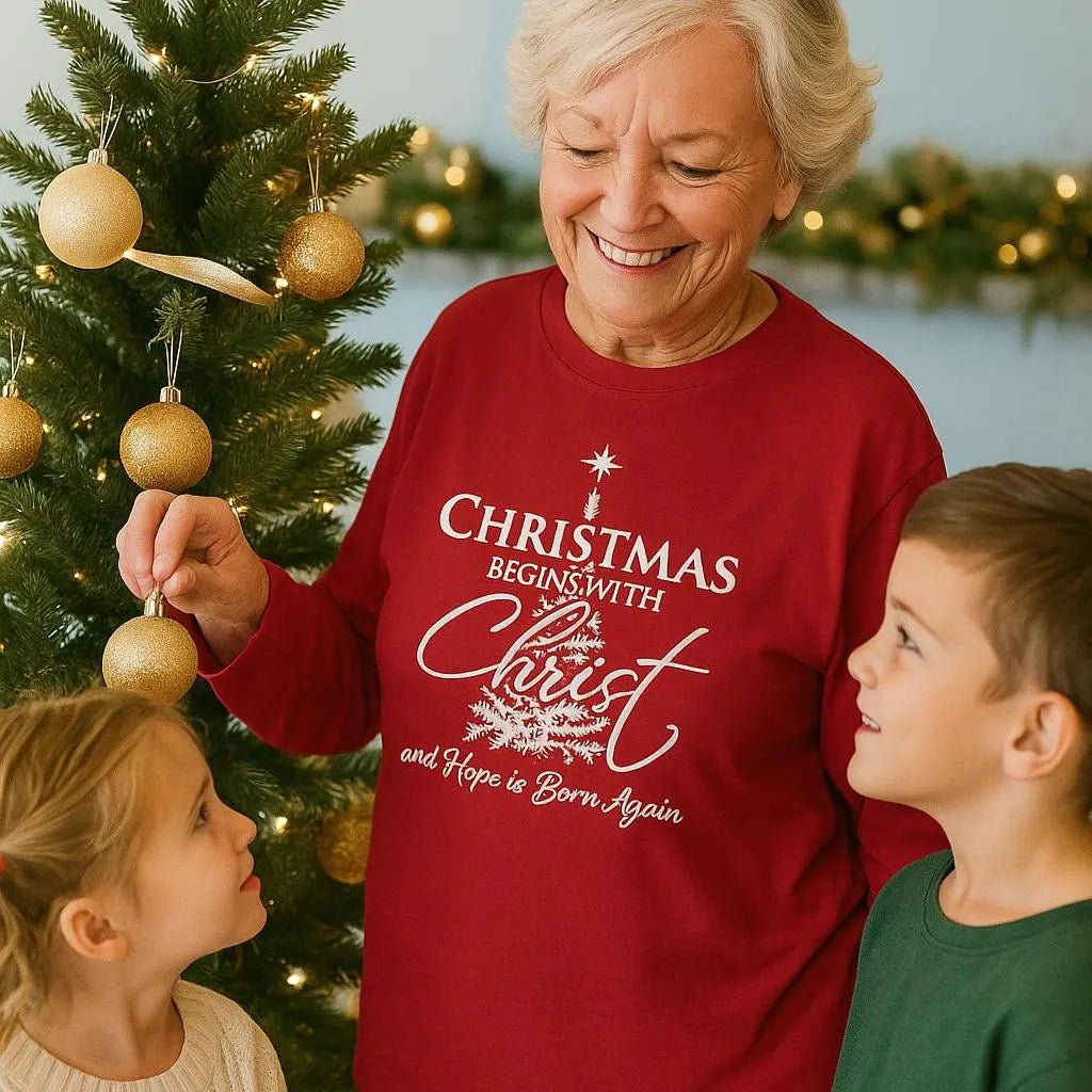 Christmas Begins With Christ Tee – Christian Christmas Shirt for Women – Faith Holiday Tee – Inspirational Jesus Christmas T-Shirt - Heavenly Treasures