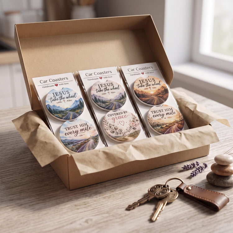 Inspirational Car Coaster Christian Ceramic Set Faith Based Cup Holder Gift Watercolor Pattern Design Jesus Message Theme Religious Auto Accessory Daily Commute Companion Spiritual Driving Gift Absorbent Cork Backing Church Community
