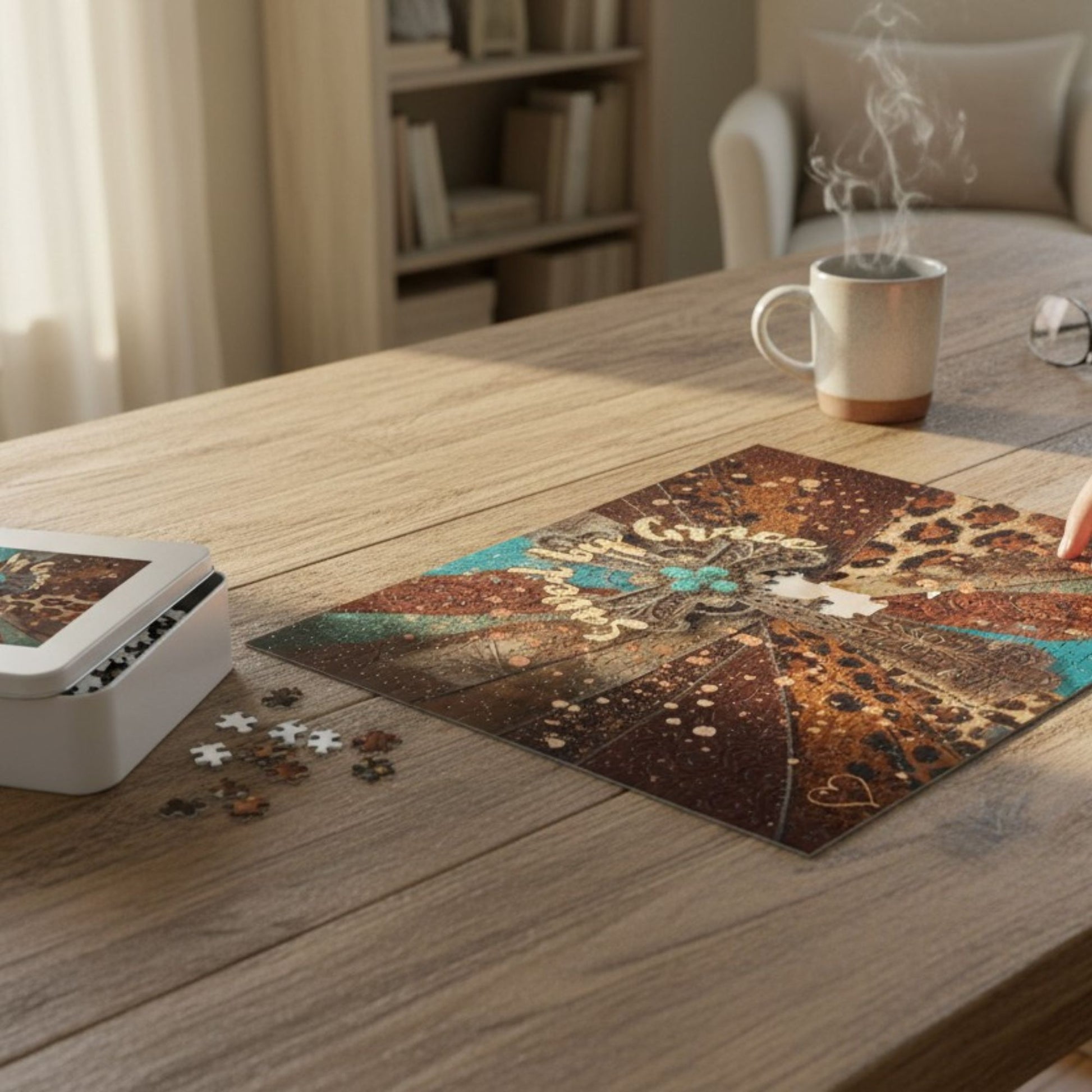 Jigsaw puzzle with a decorative design on a wooden table, accompanied by a mug and a box.