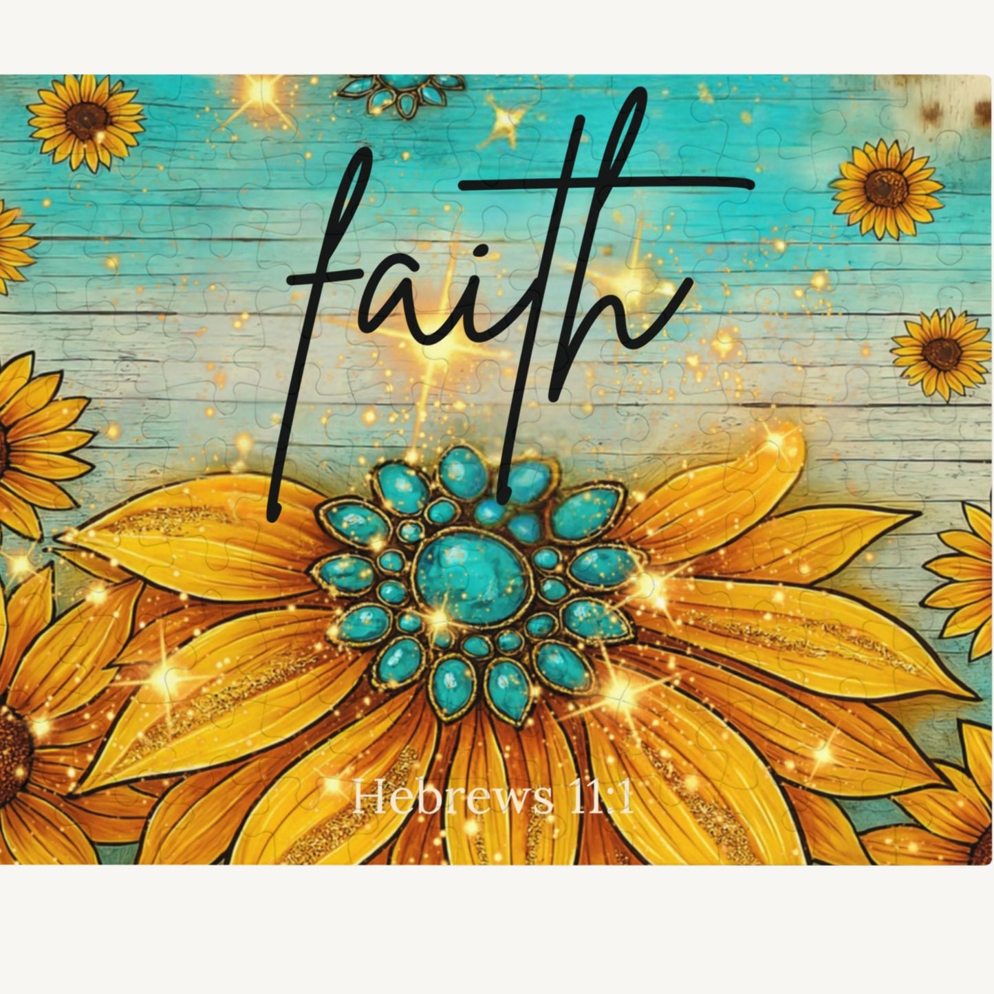 Faith Sunflower Puzzle – Hebrews 11:1 Scripture Jigsaw Turquoise Western Christian Puzzle - Heavenly Treasures
