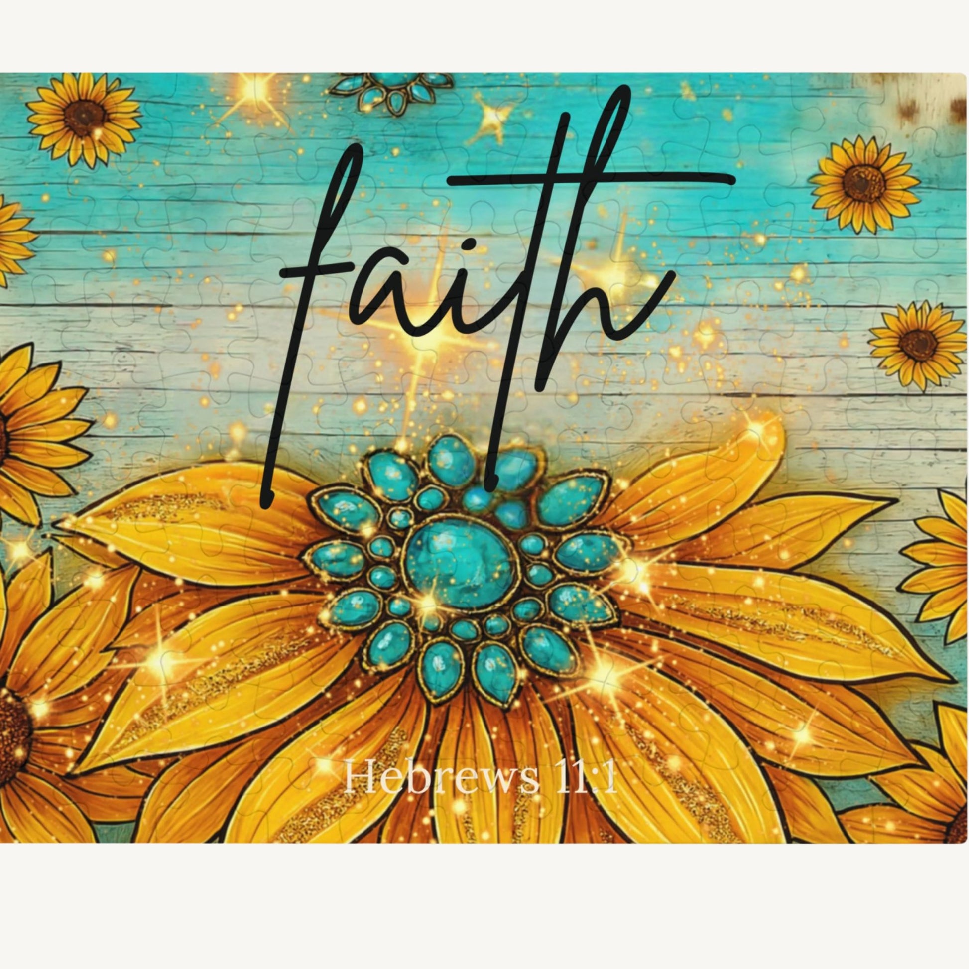 Faith Sunflower Puzzle – Hebrews 11:1 Scripture Jigsaw Turquoise Western Christian Puzzle - Heavenly Treasures