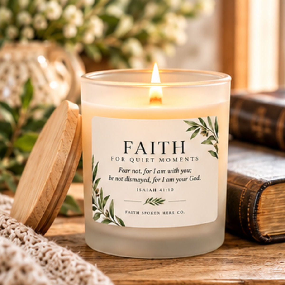 Lit Isaiah 41:10 scripture candle in a frosted glass jar, maple wood lid resting beside it on a wooden table