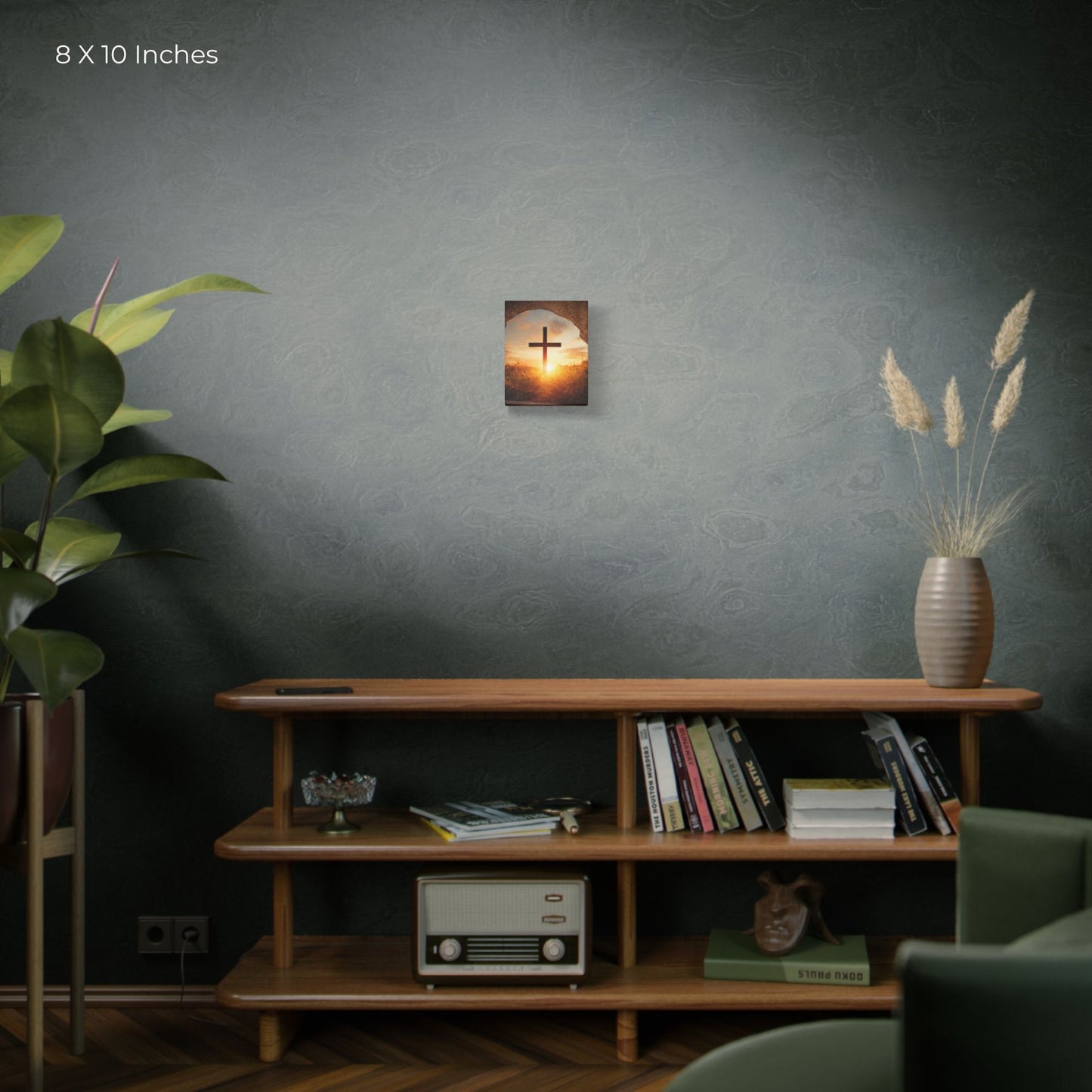 Room interior with a shelf, books, and a plant against a dark wall.