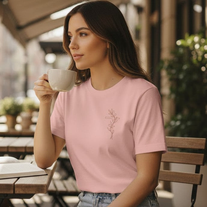 Christian Shirt Women – Minimalist Olive Branch Cross Pocket Tee - Heavenly Treasures