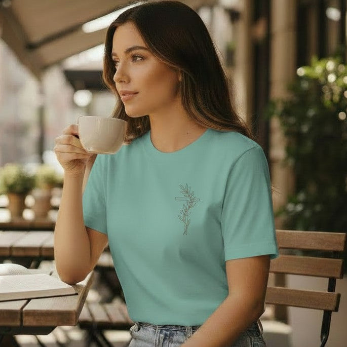 Christian Shirt Women – Minimalist Olive Branch Cross Pocket Tee - Heavenly Treasures