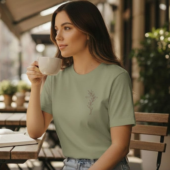 Women Faith Tee Minimalist Christian Shirt Olive Branch Cross Design Peaceful Aesthetic Clothing Pocket Heart Placement Subtle Faith Expression Meaningful Spiritual Apparel Daily Wear Outfit Understated Christian Style Contemporary Believer