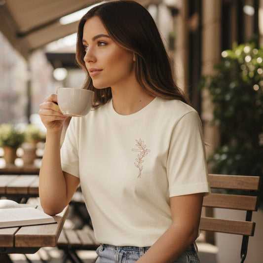 Christian Shirt Women Minimalist Faith Tee Olive Branch Cross Design Pocket Placement Heart Detail Subtle Christian Clothing Peaceful Aesthetic Meaningful Gift Spiritual Apparel Daily Wear Church Outfit Understated Faith Expression