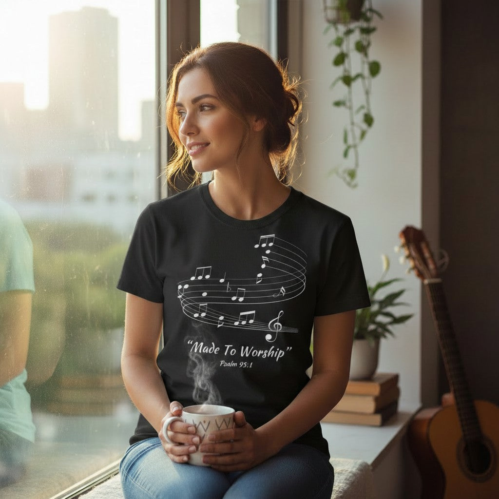 Made to Worship Christian T-Shirt – Psalm 95:1 Tee for Worship Leaders & Singers, Music Ministry Shirt, Faith Graphic Tee for Women & Men - Heavenly Treasures