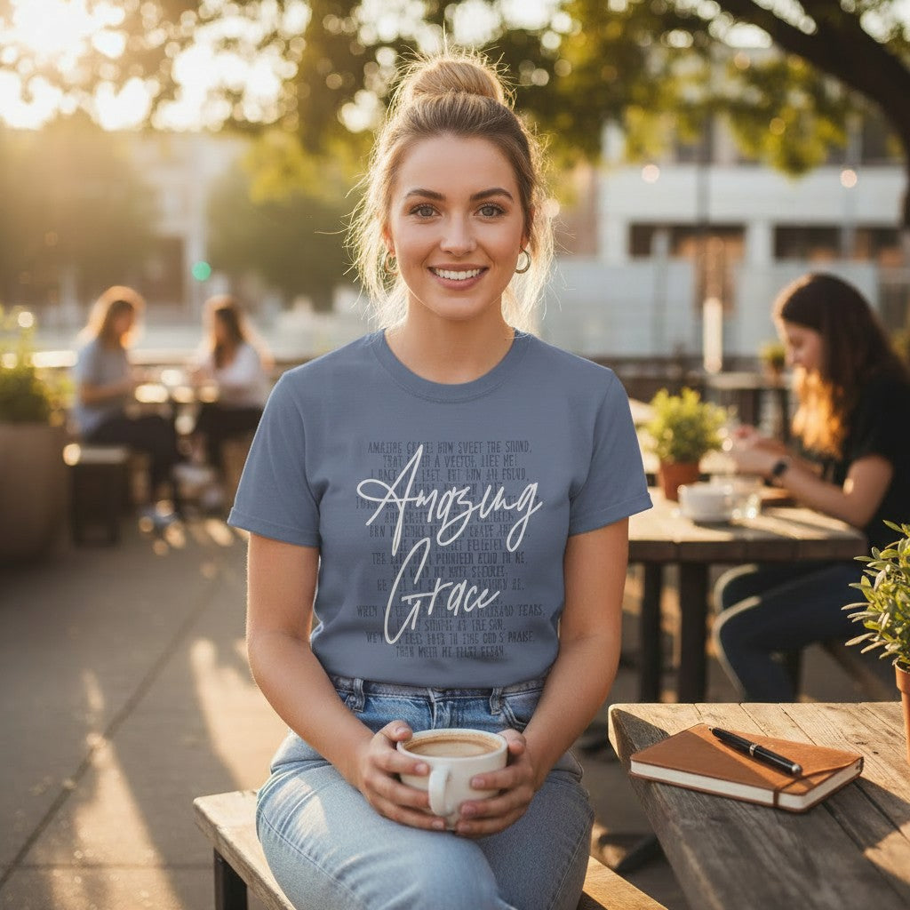 Inspirational Christian Tee Women Faith Based Apparel Amazing Grace Hymn Shirt Religious Message Clothing Elegant Design Style Everyday Casual Wear Perfect Church Outfit Gift Idea For Believers Worship Service Attire Comfortable Faith