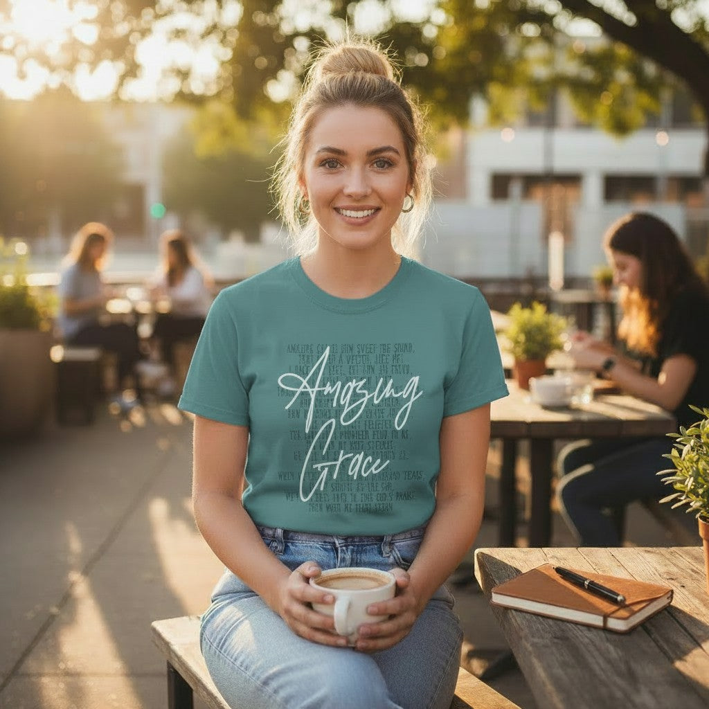 Christian Faith Shirt Women Inspirational Religious Clothing Amazing Grace Hymn Apparel Everyday Casual Wear Elegant Typography Design Church Service Outfit Comfortable Believer Tee Faith Statement Piece Perfect Christian Gift Worship
