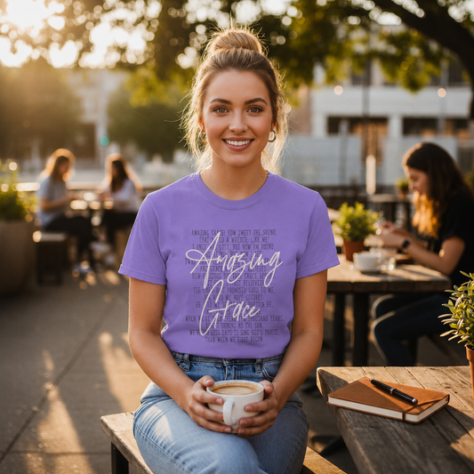 Amazing Grace Christian Shirt Women Faith Based Clothing Inspirational Hymn Tee Religious Apparel Elegant Lettering Design Everyday Wearable Style Church Outfit Perfect Gift Idea Worship Service Attire Comfortable Faith Expression Casual