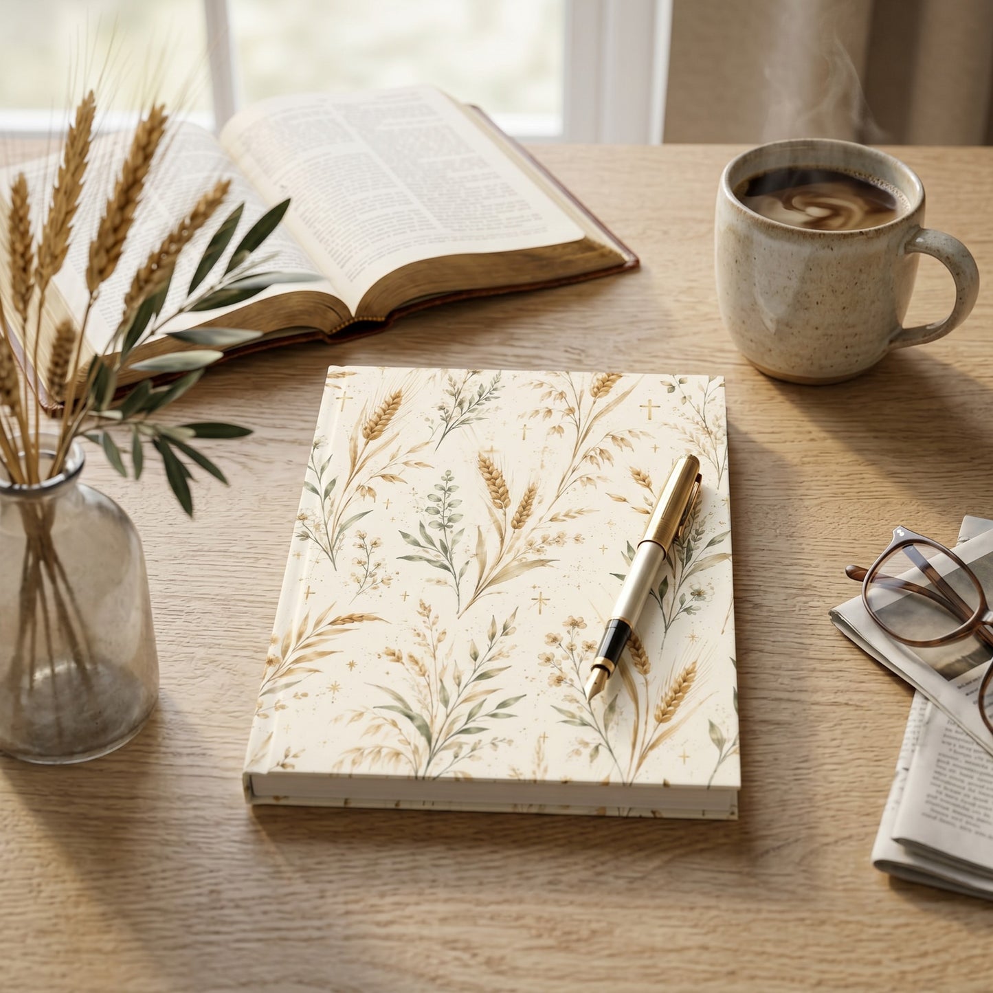 Christian Journal Hardcover Botanical Wheat Pattern Design Daily Devotional Writing Notebook Prayer Journal Pages Lined Paper Sheets Sermon Notes Taking Book Faith Reflection Tool Spiritual Growth Companion Bible Study Guide