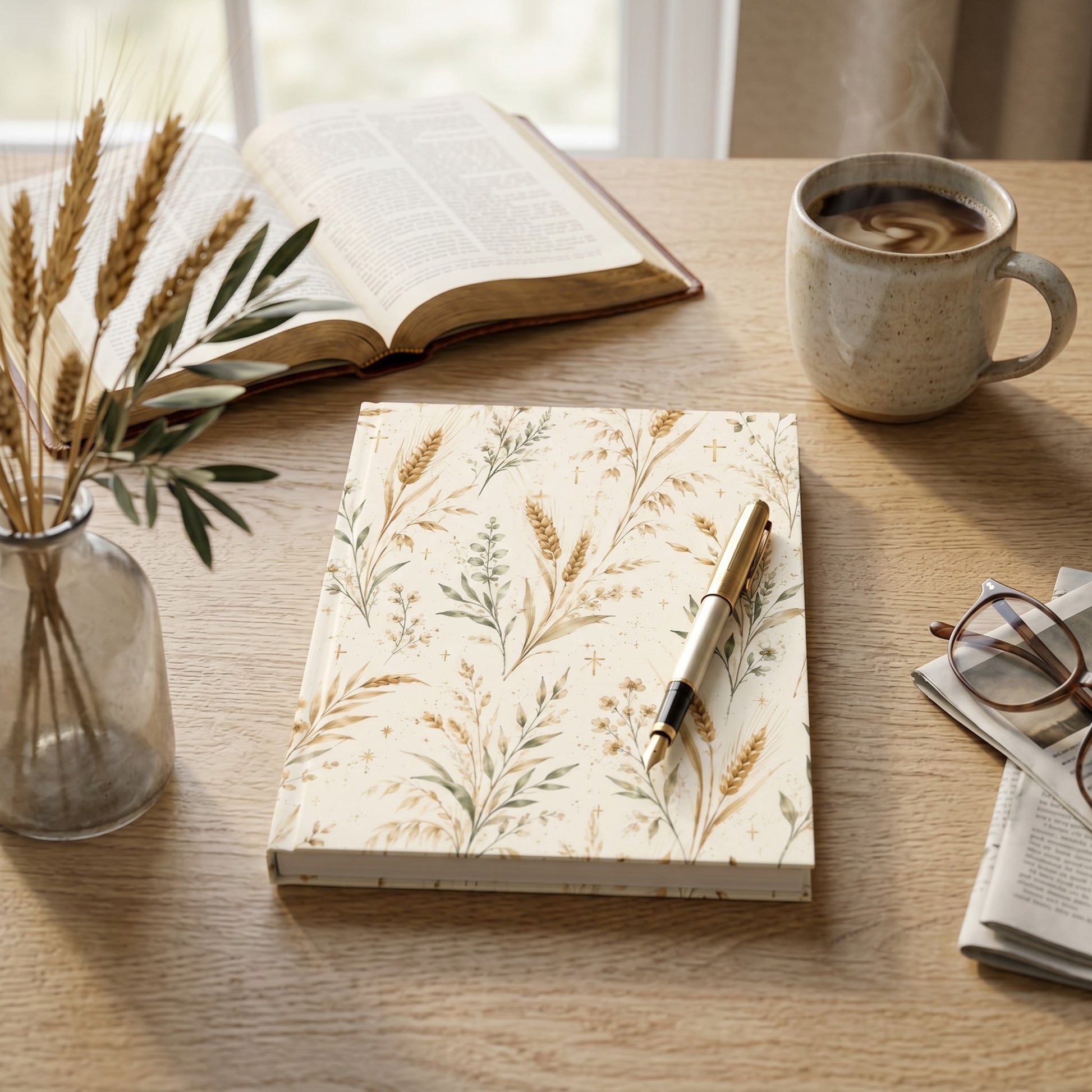 Christian Journal Hardcover Botanical Wheat Pattern Design Daily Devotional Writing Notebook Prayer Journal Pages Lined Paper Sheets Sermon Notes Taking Book Faith Reflection Tool Spiritual Growth Companion Bible Study Guide