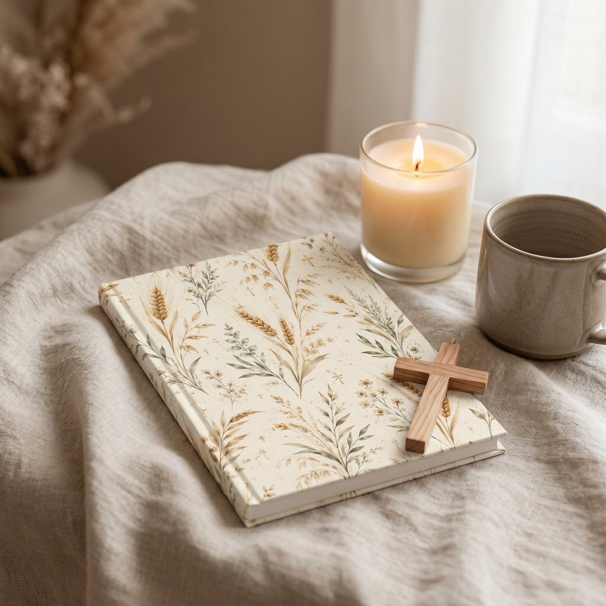 Botanical Wheat Design Christian Faith Journal Hardcover Matte Finish Cover Sewn Binding Quality Construction Lined Pages Paper Notebook Daily Devotional Practice Tool Prayer Writing Space Sermon Notes Collection Scripture Study