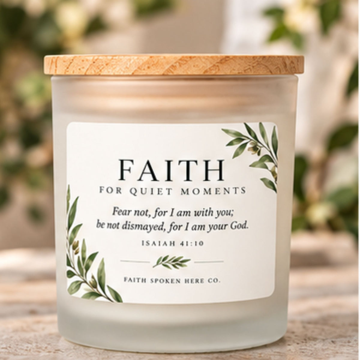 Unlit Isaiah 41:10 scripture candle in a frosted glass jar with its maple wood lid on