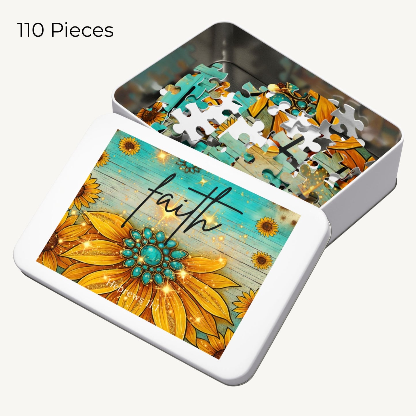Faith Sunflower Puzzle – Hebrews 11:1 Scripture Jigsaw Turquoise Western Christian Puzzle - Heavenly Treasures