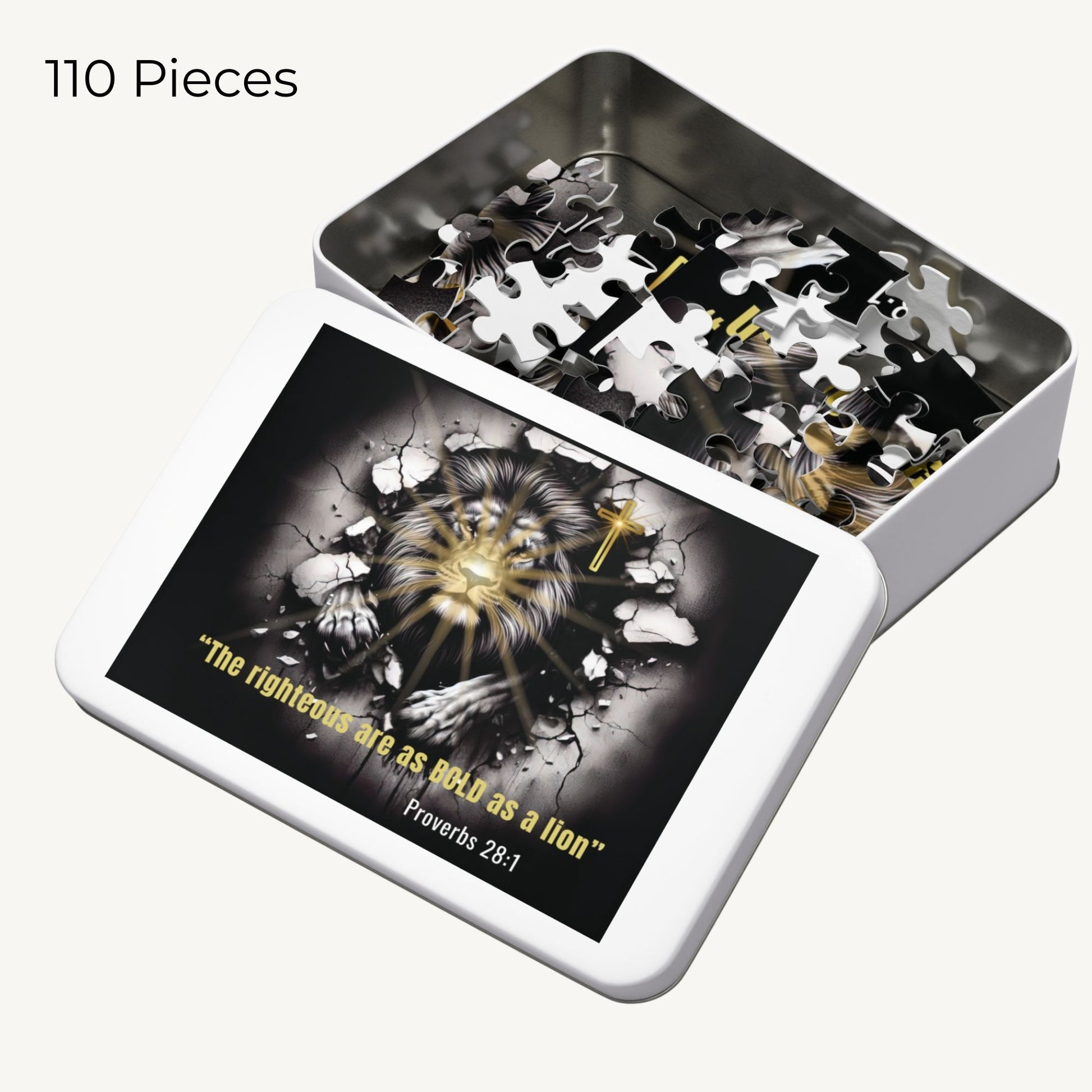 Metal tin featuring lion artwork and Proverbs 28:1 verse.”