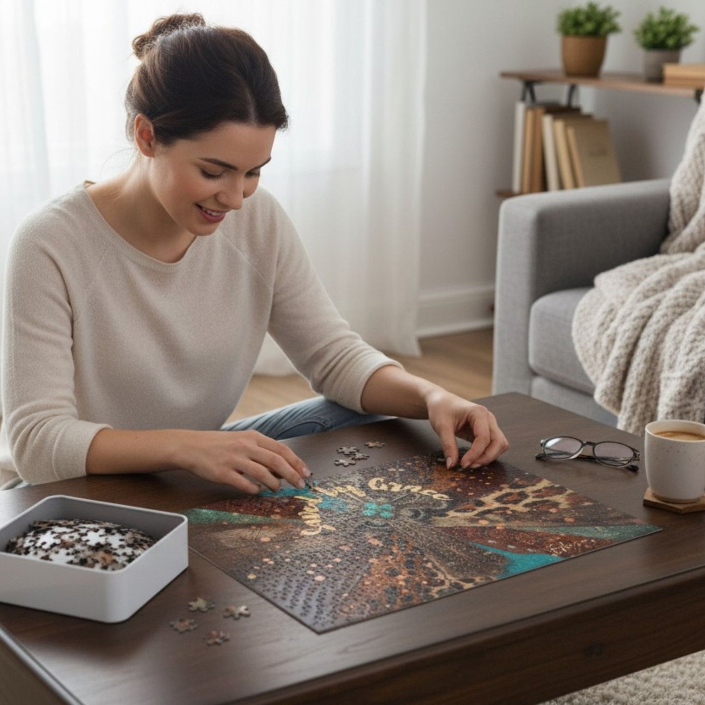 Western Christian Puzzle – Saved by Grace Turquoise Cross & Leopard Print Jigsaw Faith-Based Gift - Heavenly Treasures