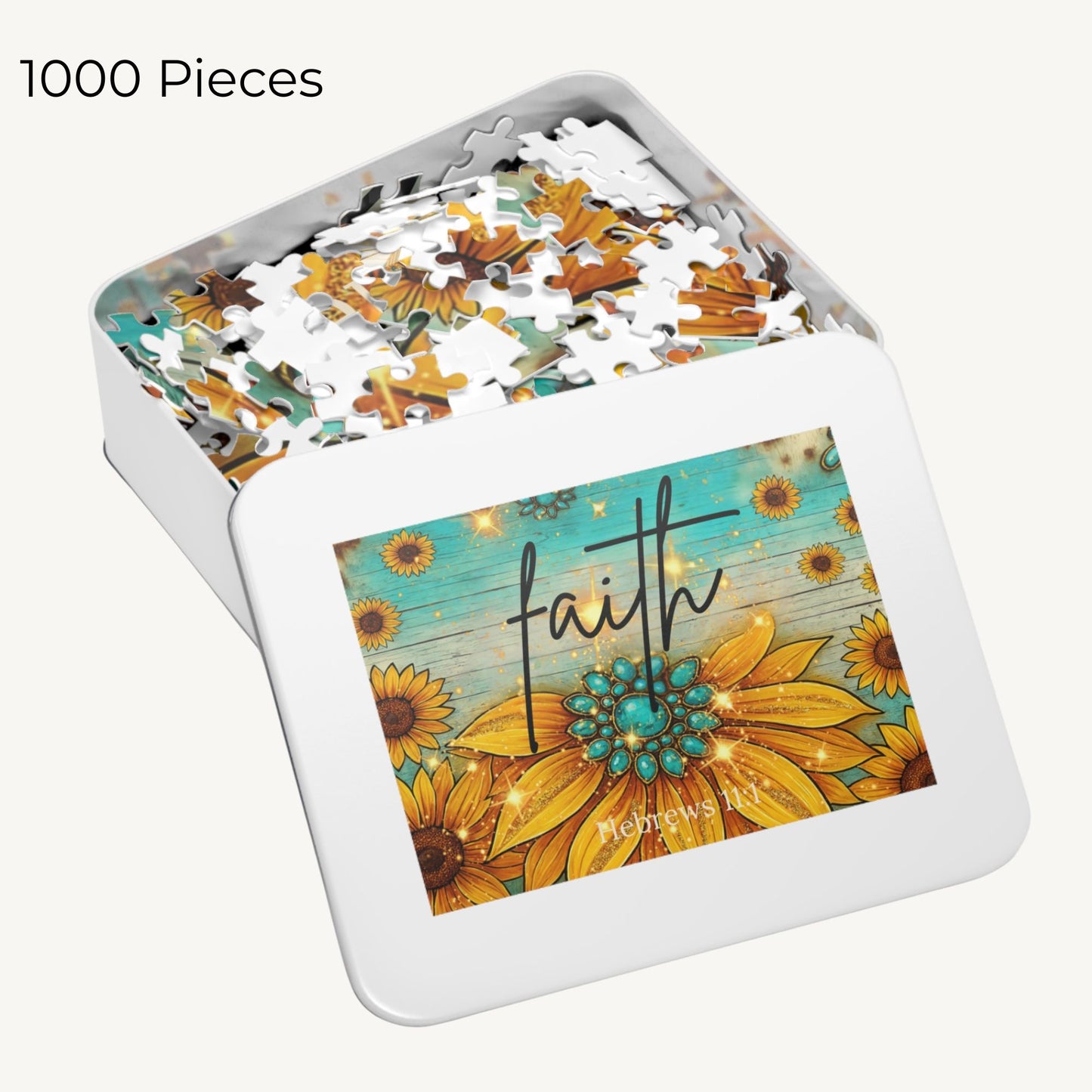 Faith Sunflower Puzzle – Hebrews 11:1 Scripture Jigsaw Turquoise Western Christian Puzzle - Heavenly Treasures