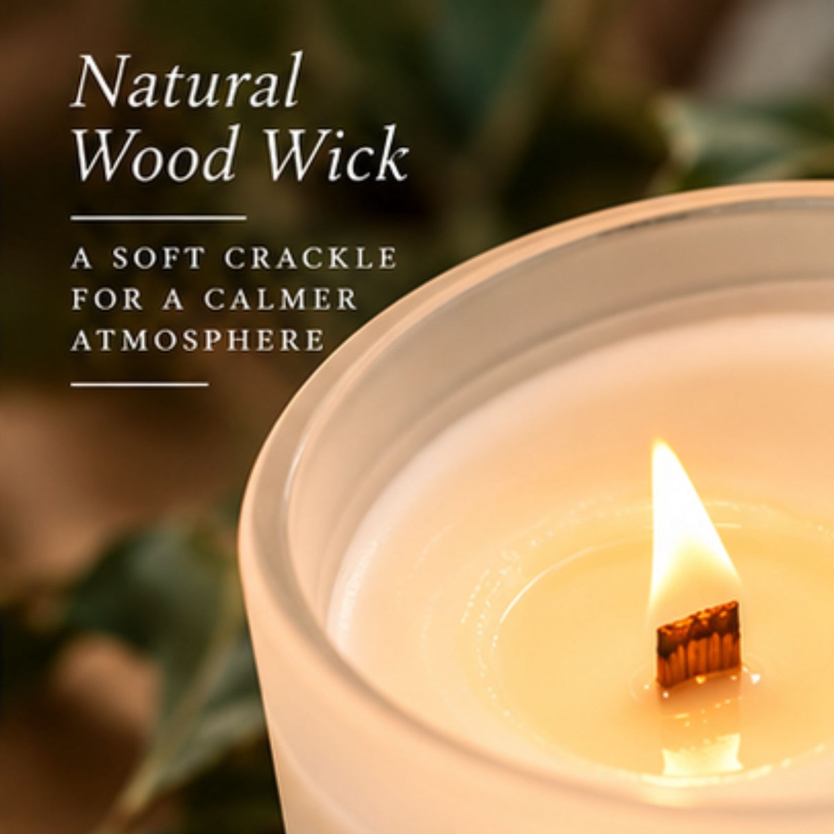 Close-up of a lit natural wood wick inside a scripture candle