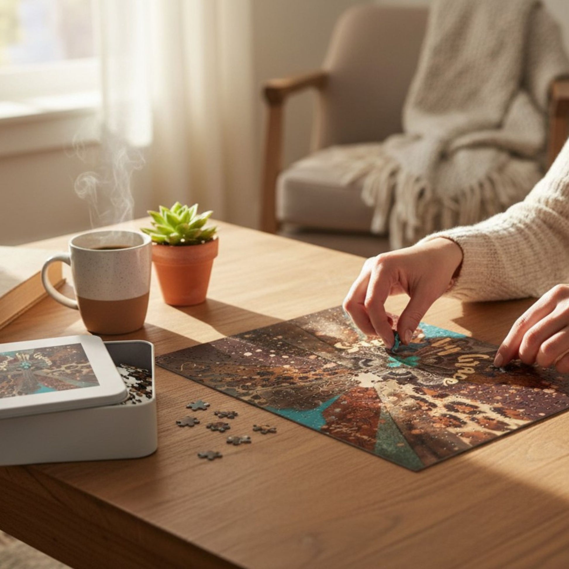 Person working on a puzzle at a table with a mug, plant, and partially completed puzzle.