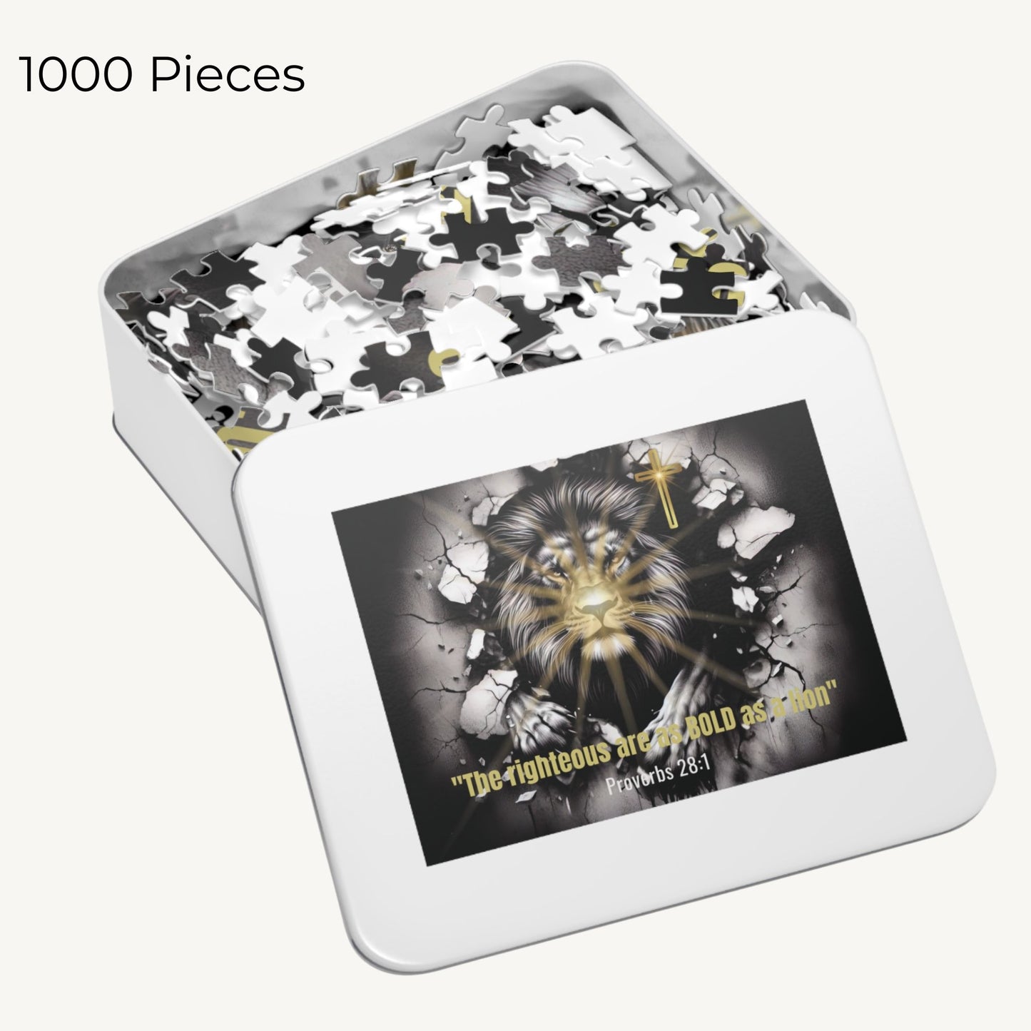 Metal tin featuring lion artwork and Proverbs 28:1 verse.”