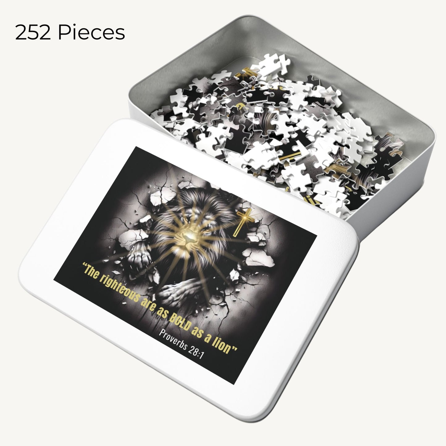 Metal tin featuring lion artwork and Proverbs 28:1 verse.”