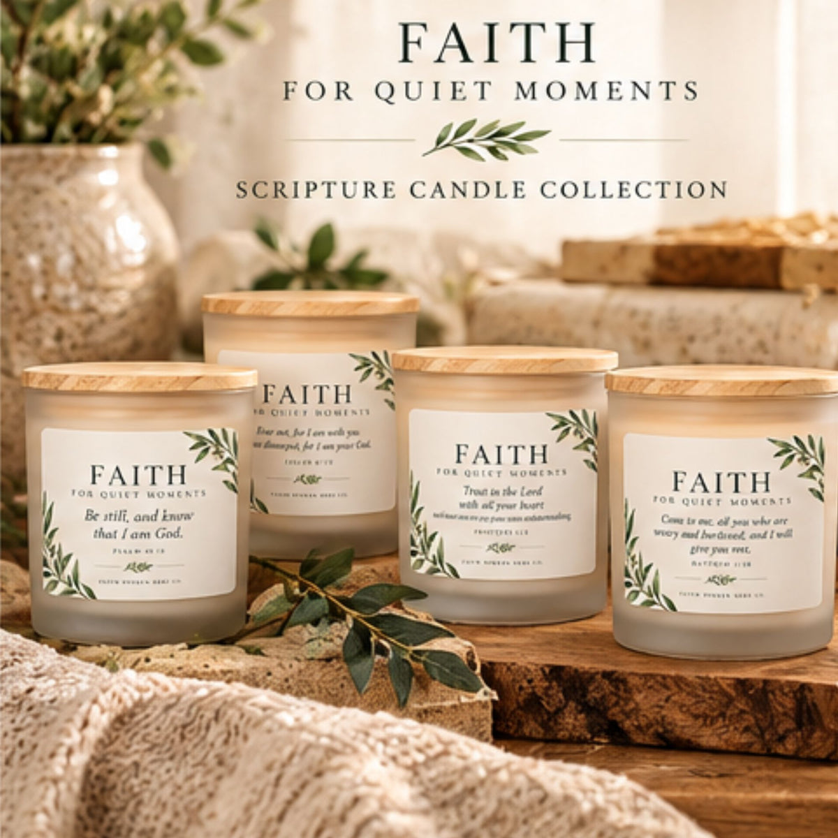 The Faith for Quiet Moments scripture candle collection: four frosted glass candles with wood lids and different scripture verses