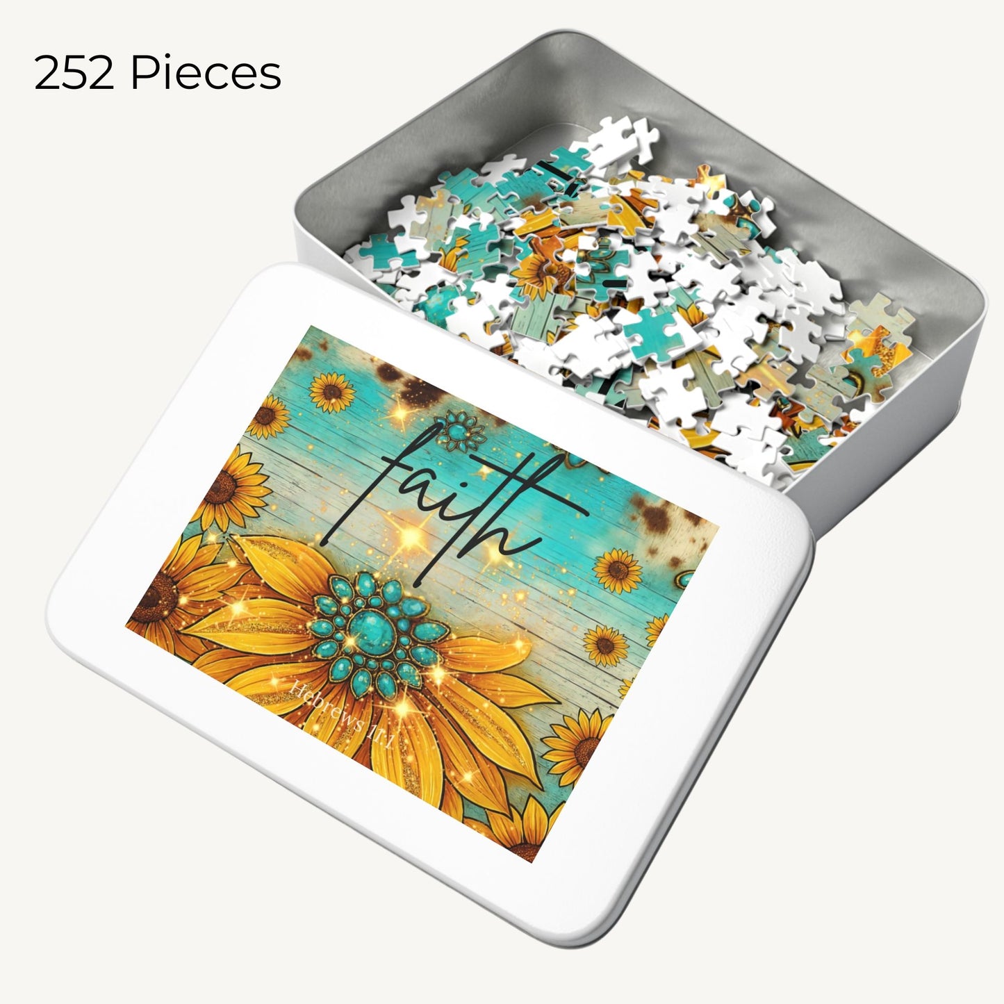Faith Sunflower Puzzle – Hebrews 11:1 Scripture Jigsaw Turquoise Western Christian Puzzle - Heavenly Treasures