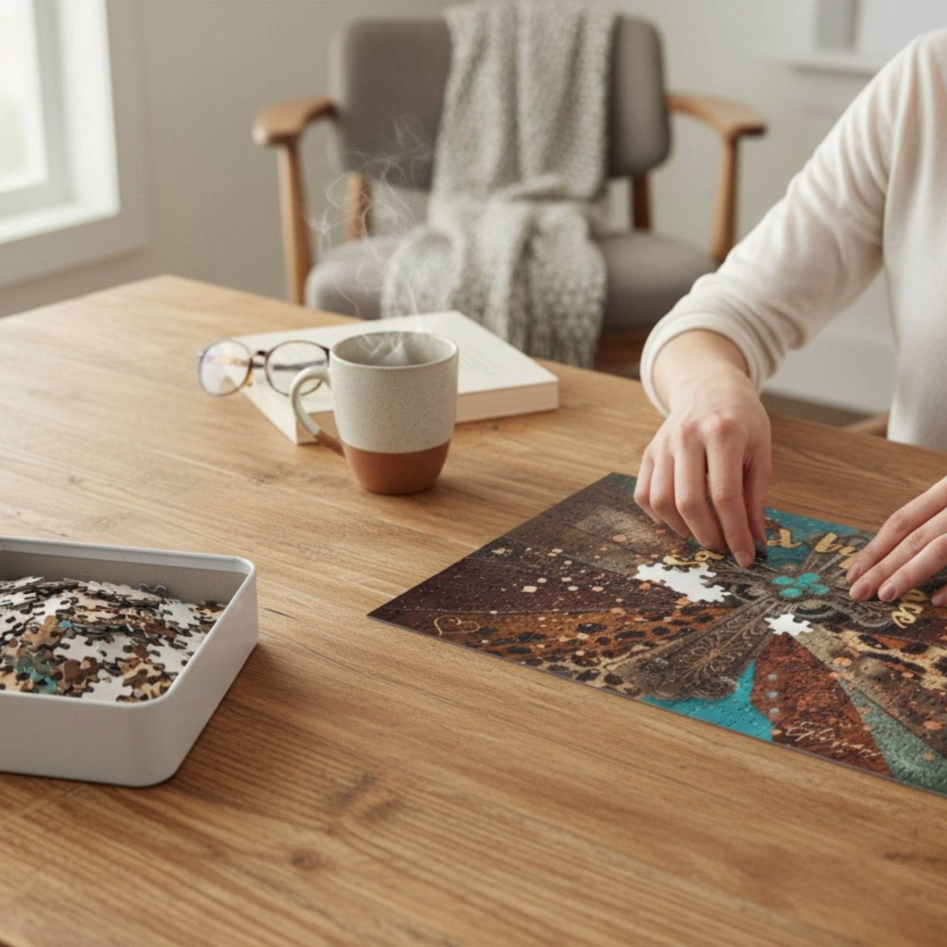 Person working on a puzzle at a wooden table with a mug and book in the background