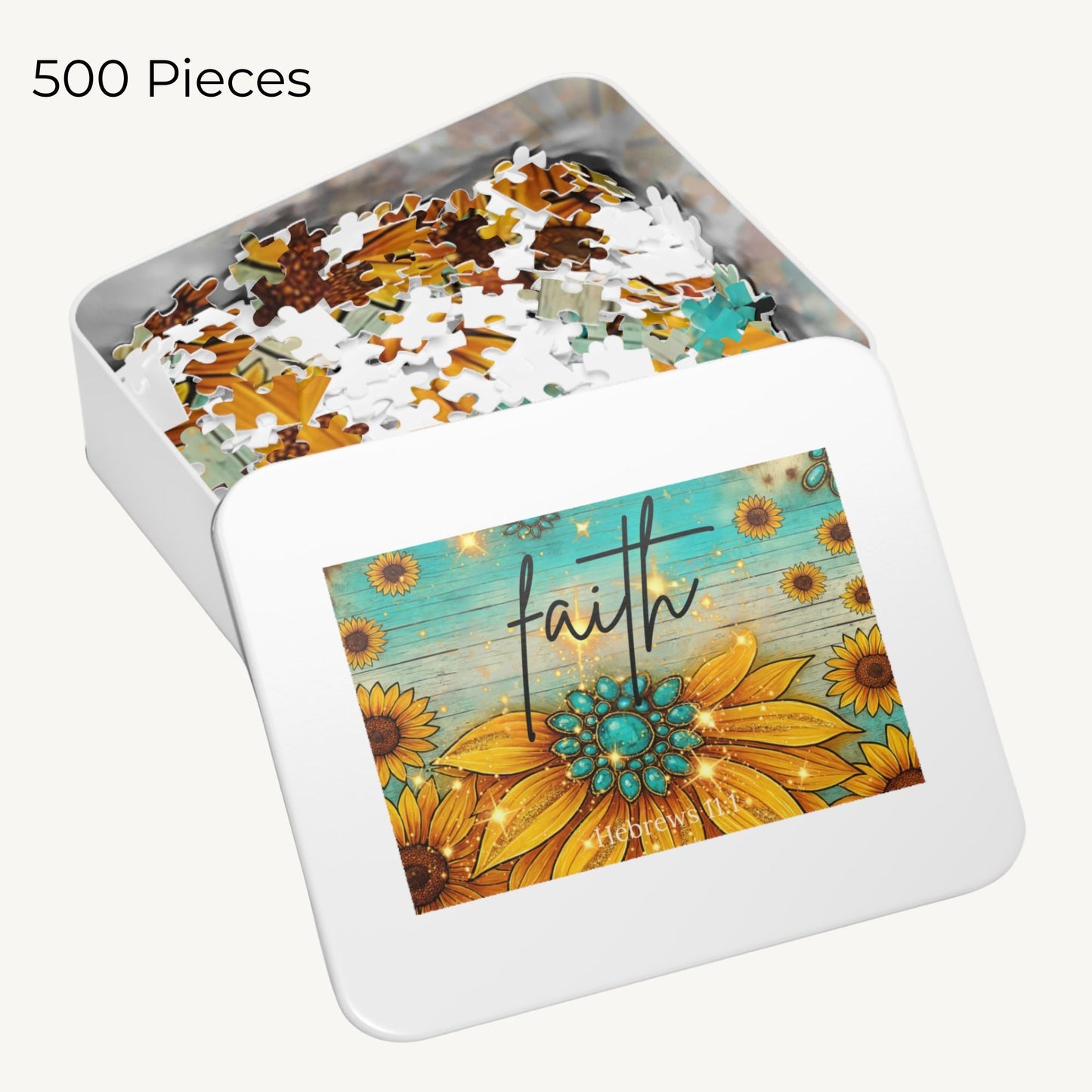 Faith Sunflower Puzzle – Hebrews 11:1 Scripture Jigsaw Turquoise Western Christian Puzzle - Heavenly Treasures