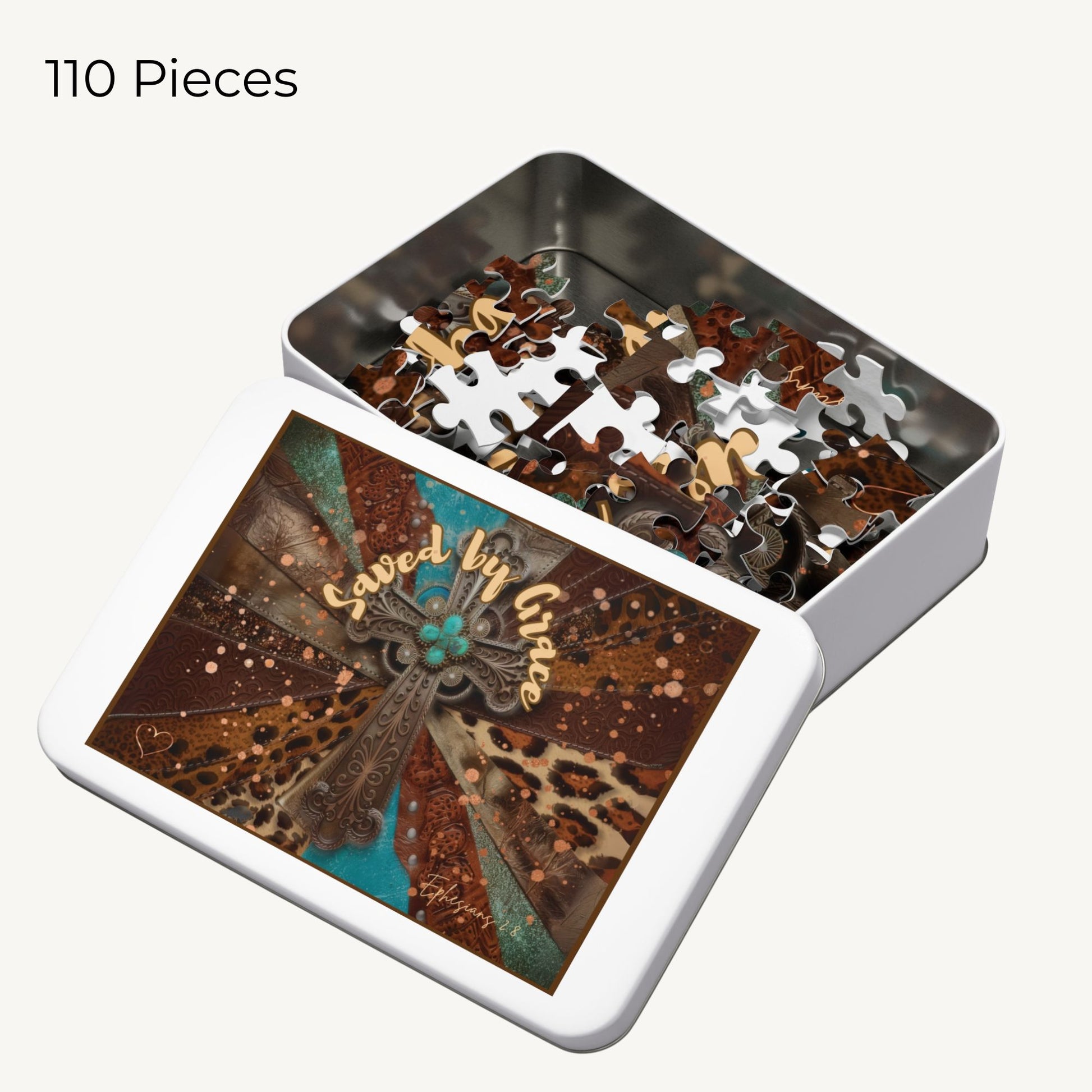 Western Christian Puzzle – Saved by Grace Turquoise Cross & Leopard Print Jigsaw Faith-Based Gift - Heavenly Treasures