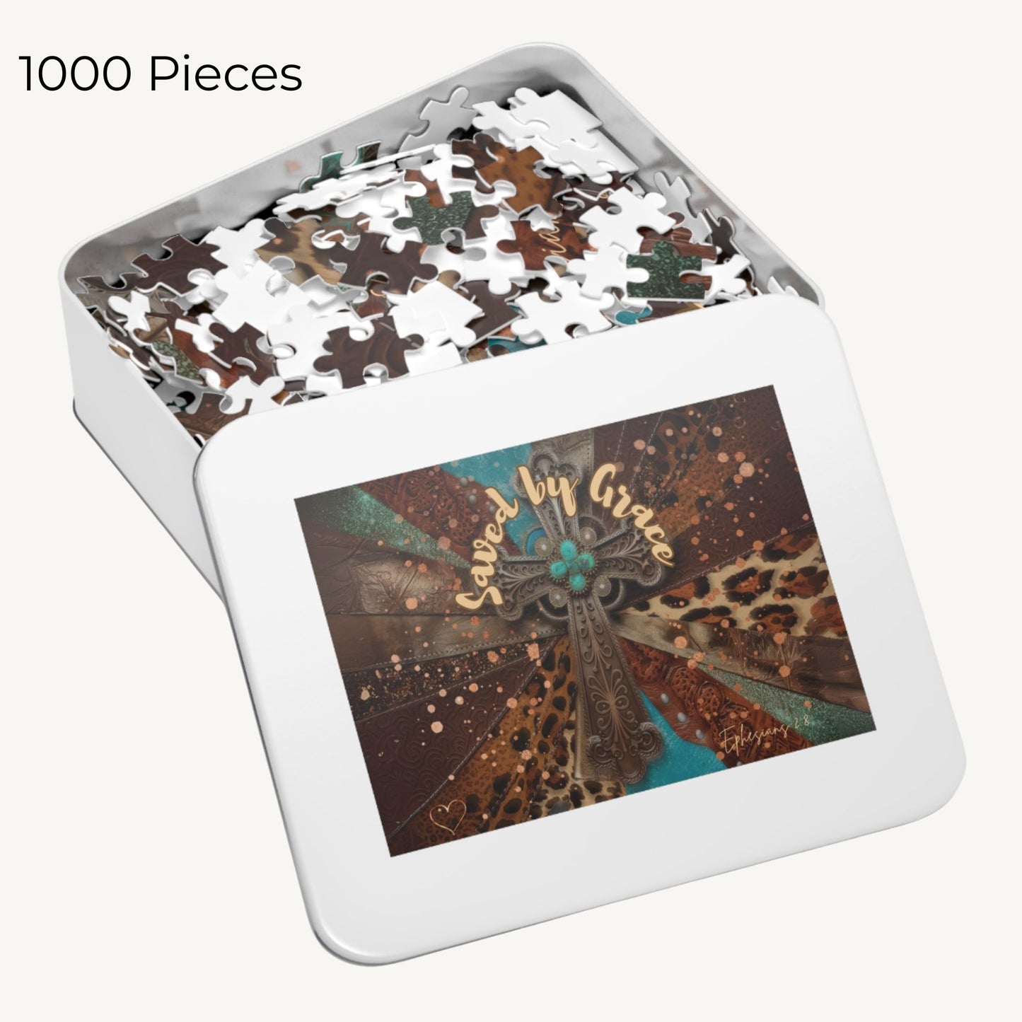 Western Christian Puzzle – Saved by Grace Turquoise Cross & Leopard Print Jigsaw Faith-Based Gift - Heavenly Treasures
