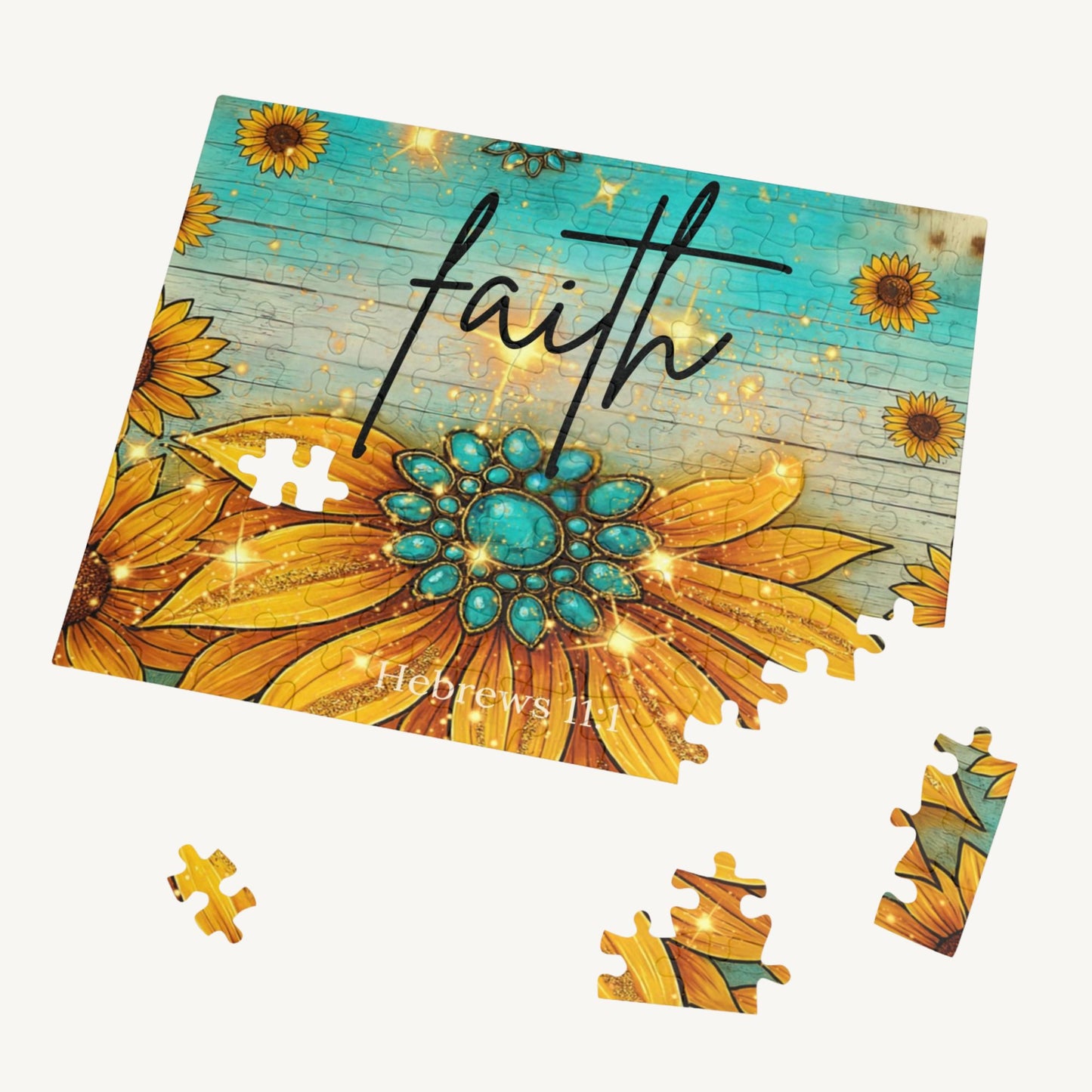 Faith Sunflower Puzzle – Hebrews 11:1 Scripture Jigsaw Turquoise Western Christian Puzzle - Heavenly Treasures